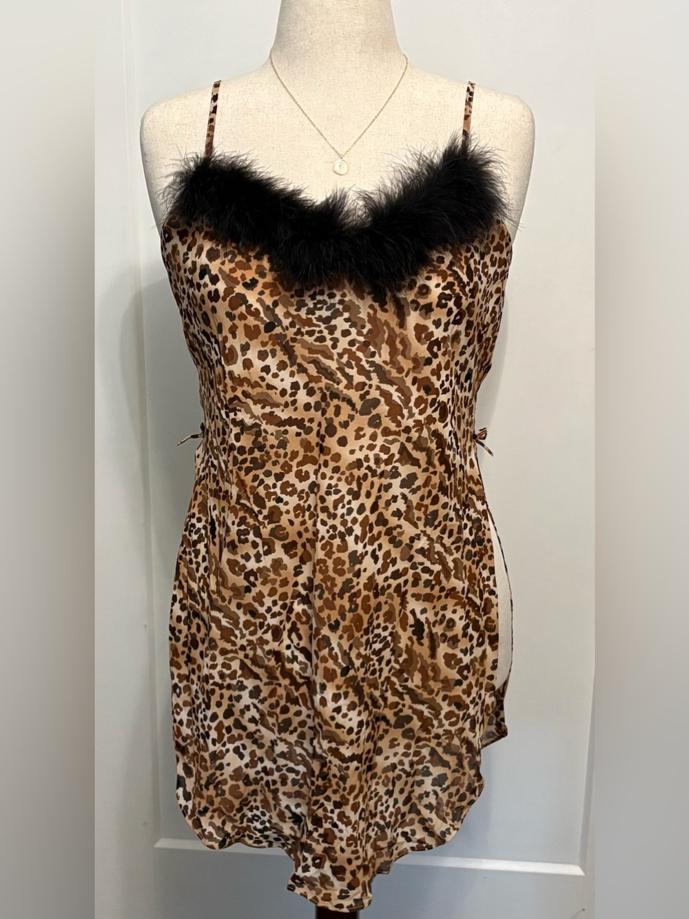 Vintage Fantasies by Morgan Taylor Leopard Slip Dress Marabou Feather Trim M